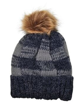 Cozy Knit Pom Beanie in Navy Plaid Fleece Lined